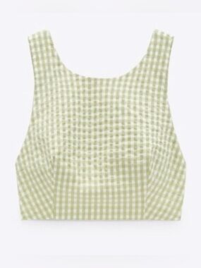 ZARA gingham green and white top